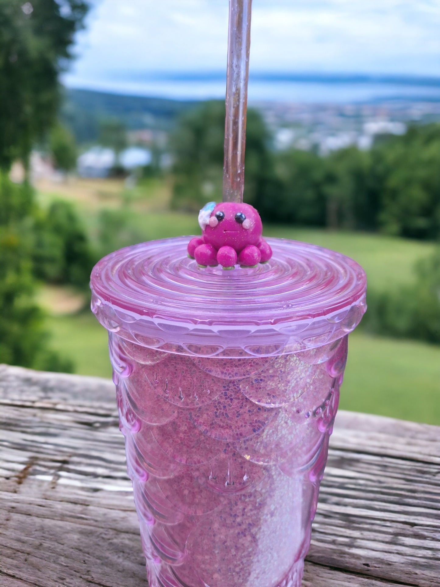 Clay octopus with starfish shell straw buddy charm tumbler accessories / tumbler charm straw buddy / pink octopus squid straw topper charm