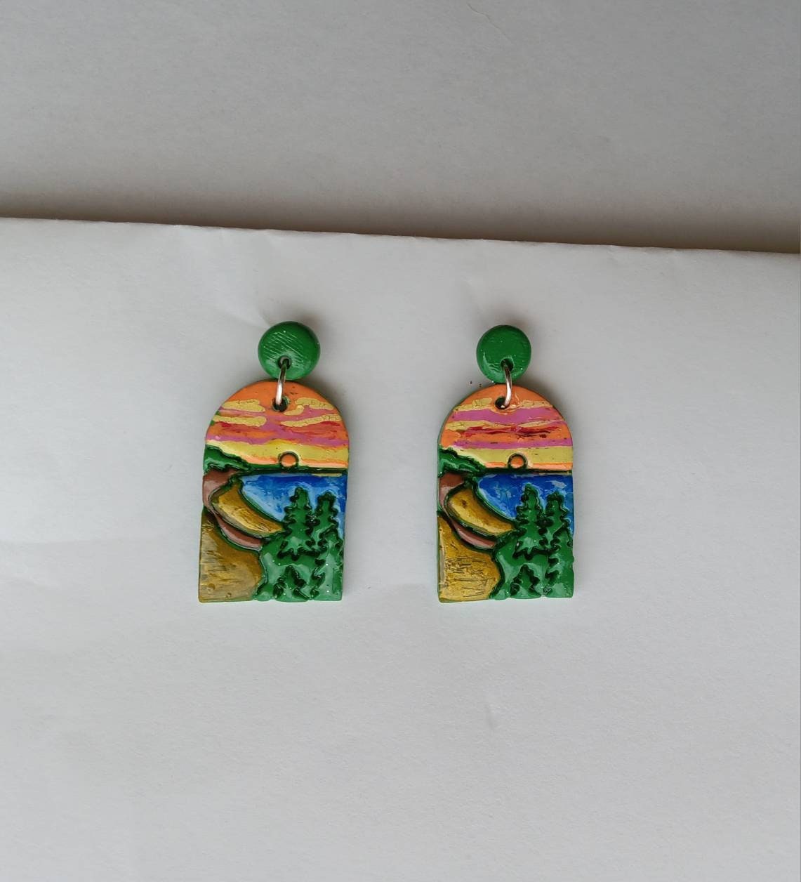 Kawaii landscape skyline earrings / polymer clay Indiana dunes dangle earrings / clay Indiana Dunes jewelry / landscape trees earrings