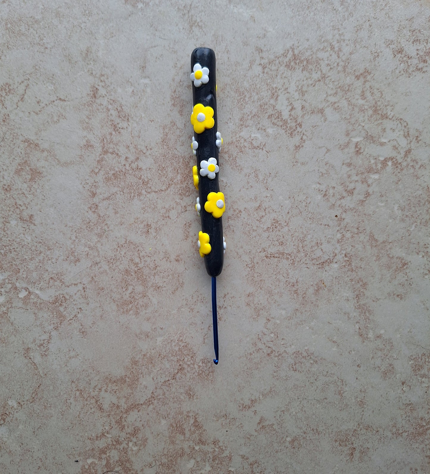 Polymer clay black yellow white daisy crochet hook