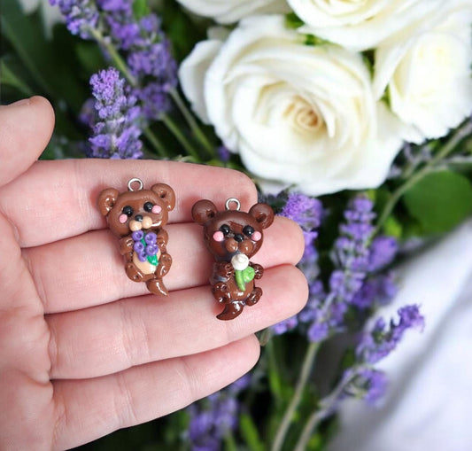 Kawaii otter charms / polymer clay otter with white rose charms / otter with lavender jewelry stitchmarker progress keeper notions