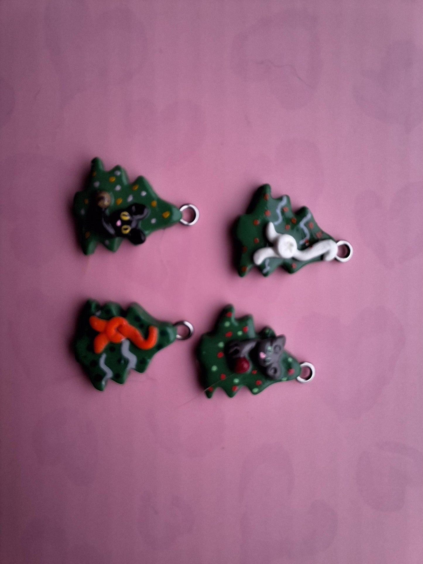 Kawaii cat in Christmas tree charms clay tree charms / jewelry holiday charms / pine tree charms / snow charms progress keeper stitch marker