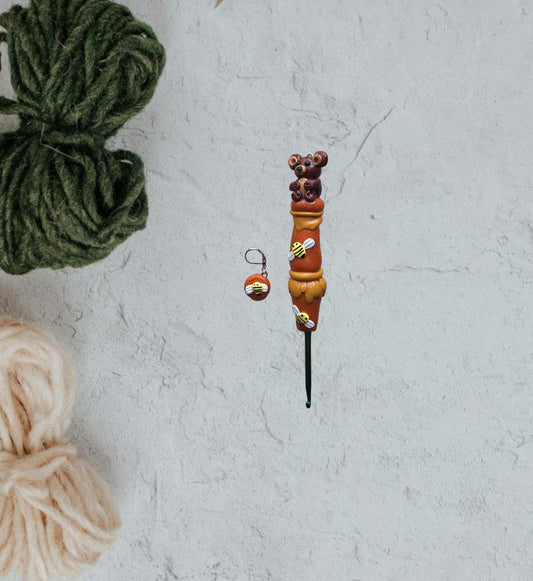 Polymer clay honey bee bear crochet hook with stitch marker