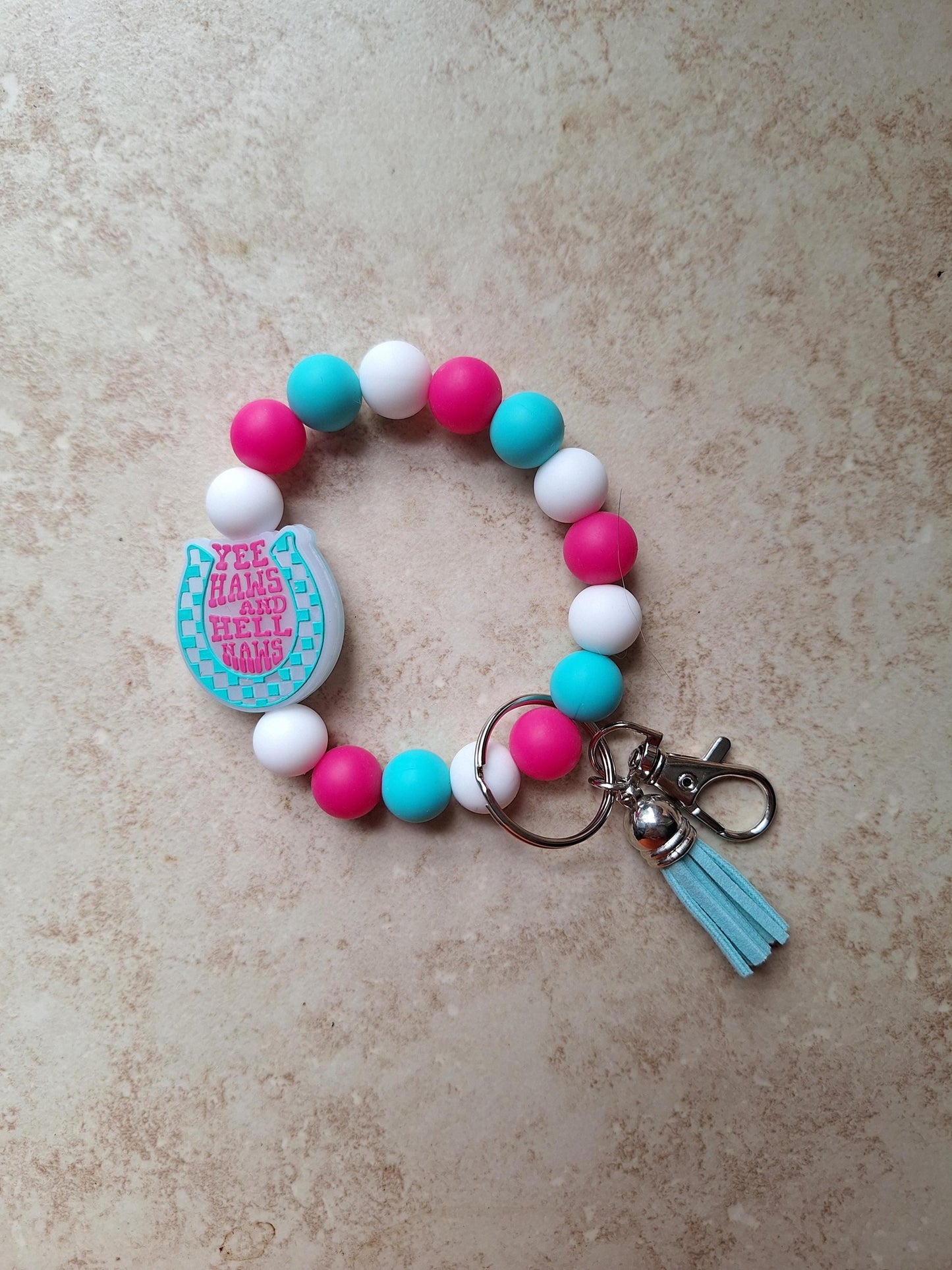 Silicone beaded wristlet / colorful horseshoe yeehaw hell naw silicone beaded wristlet keychain / country western bag accessories key chain