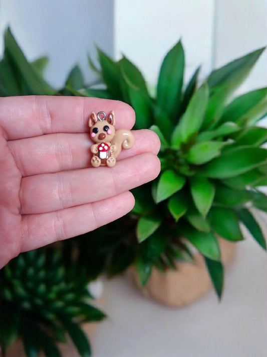 Polymer clay squirrel charms / cute clay squirrel with mushroom cottage core / animal jewelry charm stitch marker progress keeper notions