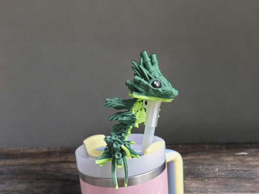 3D articulated two tone green bamboo dragon straw cap / 3d printed dragon animals / bambo tadling dragon straw topper cover Fidget figurines