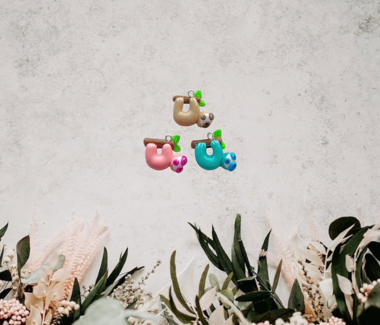 Kawaii sloth charms / polymer clay sloth with branch charms / kawaii animal charms / kawaii sloth jewelry