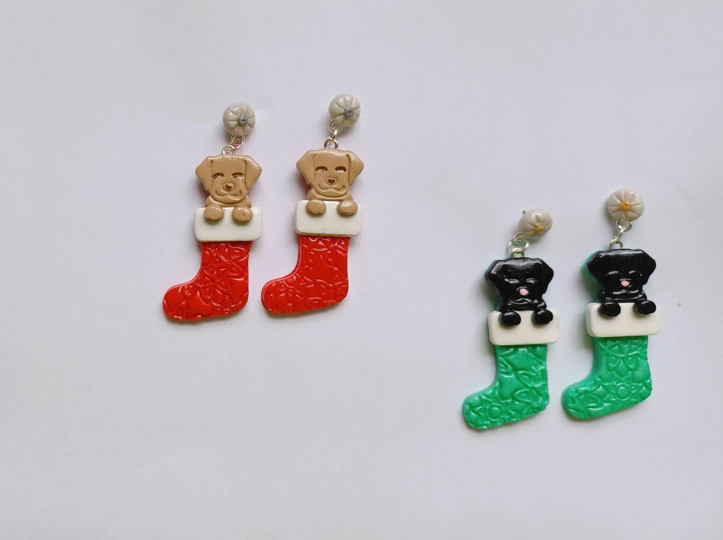 Polymer clay cat puppy dog stocking earrings / polymer clay puppy dog holiday earrings / christmas holiday winter jewelry