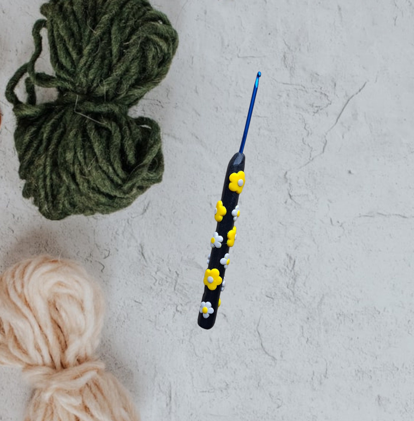 Polymer clay black yellow white daisy crochet hook