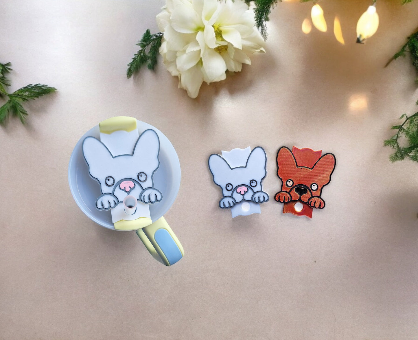 3D printed frenchie dog straw tumbler topper tumbler accessories / puppy dog tumbler topper straw tag / white dog tumbler accessories
