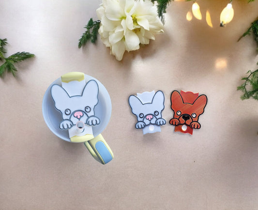3D printed frenchie dog straw tumbler topper tumbler accessories / puppy dog tumbler topper straw tag / white dog tumbler accessories