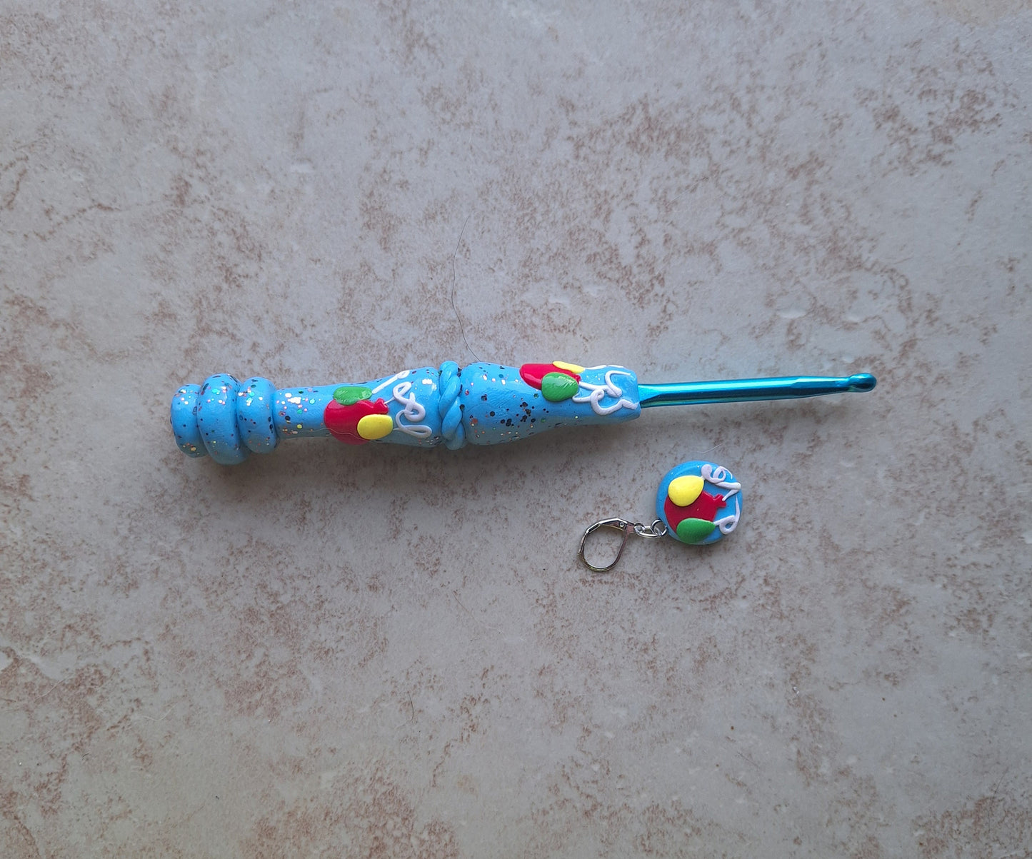 Polymer clay colorful balloons crochet hook with stitch marker