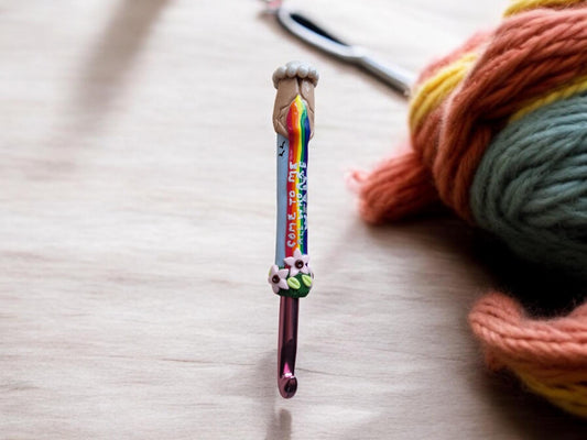 Polymer clay come to me all who are weary rainbow crochet hook