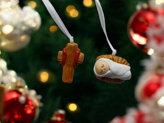 Baby Jesus ornament / cross ornament / religious ornament / polymer clay christmas ornament / Manger ornament / nativity ornament set of 2