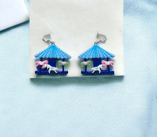 Kawaii bear horse carousel earrings / polymer clay dangle earrings / clay merry go round carousel jewelry / clay carnival fair earrings