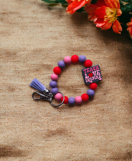 Silicone beaded wristlet keychain / teach love inspire silicone beaded wristlet keychain / teacher gift bag accessories key chain