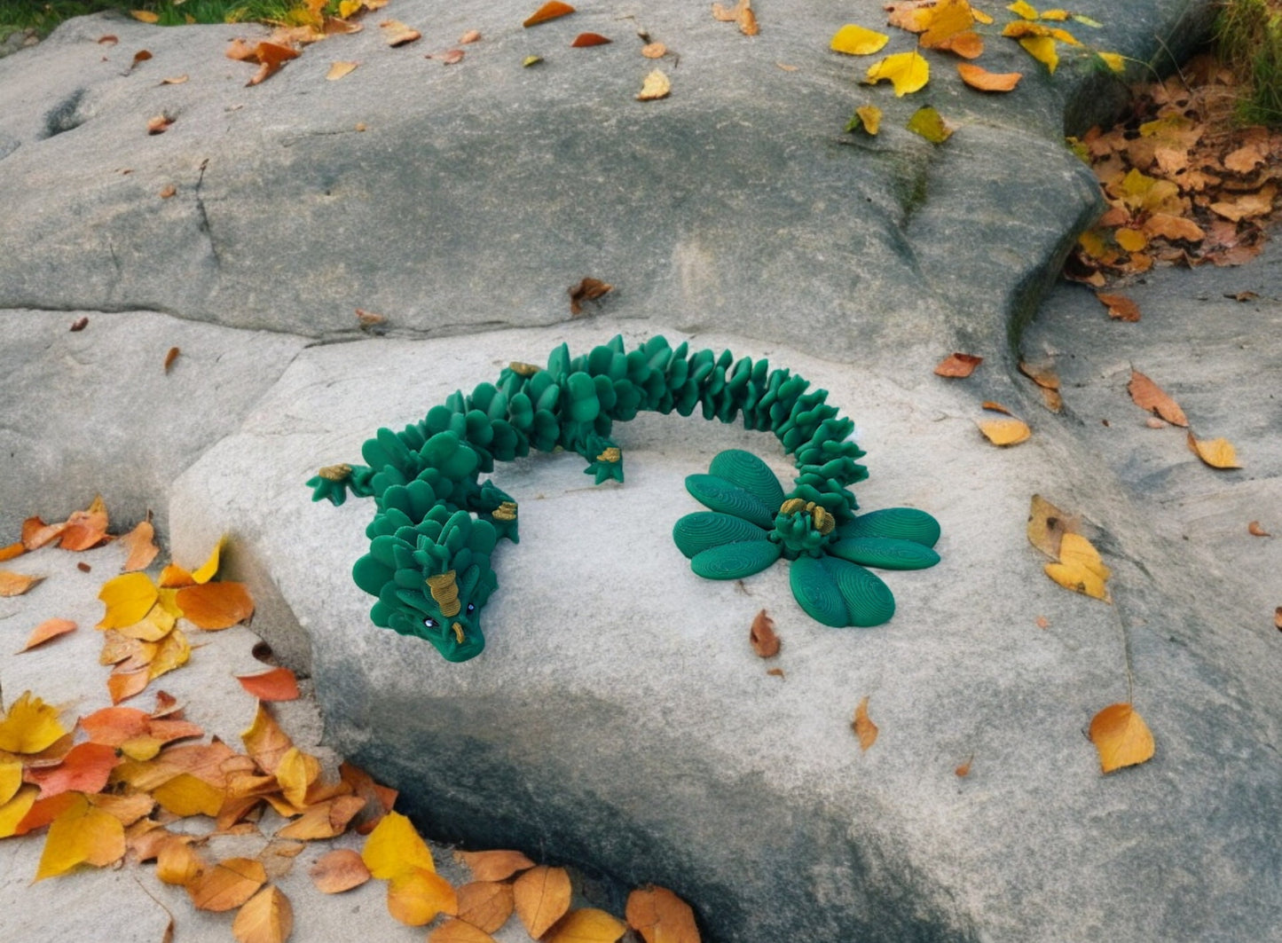 3D articulated green gold lucky clover dragon