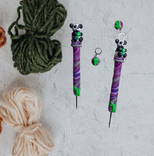 Polymer clay purple swirl panda bamboo crochet hook with stitch marker