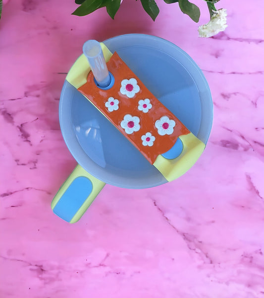 Polymer clay straw tag tumbler topper / clay tumbler accessories / pink orange daisy tumbler topper straw tag / floral tumbler accessories