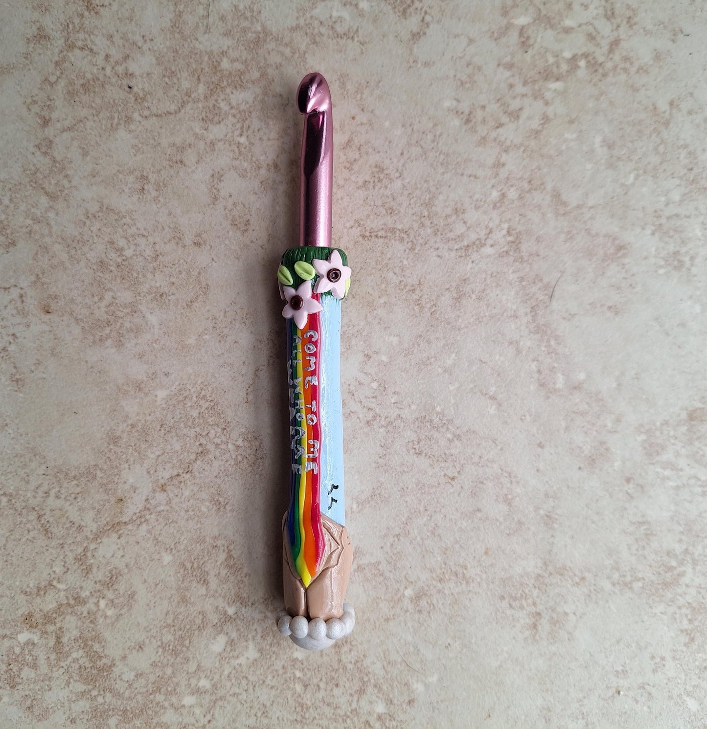 Polymer clay come to me all who are weary rainbow crochet hook