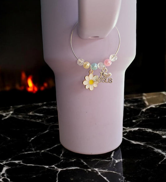 kawaii faux pearl floral cross cup handle charm tumbler accessories tumbler charm buddy / i love Jesus Christian faith tumbler handle charm