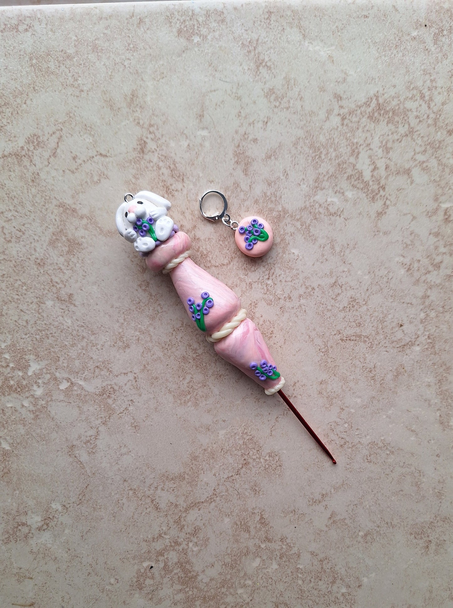 Polymer clay cute lavender bunny rabbit crochet hook with stitch marker