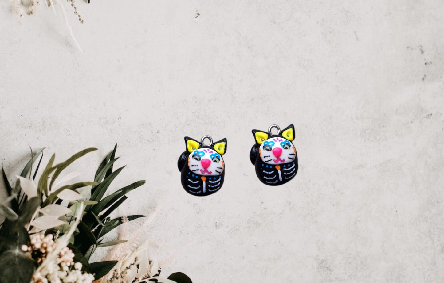 Kawaii sugar skull kitty cat charms / polymer clay day of the dead charm / kawaii skull charms / clay sugar skull charm jewelry stitchmarker