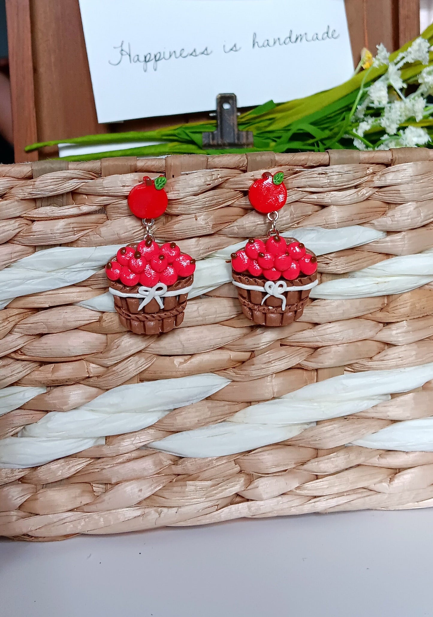Kawaii apple earrings / polymer clay apple orchard basket stud dangle earrings / kawaii apple fall  jewelry / clay autumn earrings