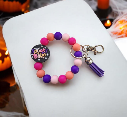 Silicone beaded wristlet keychain / spooky babe halloween beaded wristlet keychain / halloween babe bat bag accessories key chain