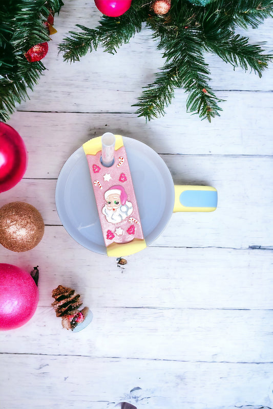 Polymer clay straw tag for stanley tumbler topper tumbler accessory / Christmas pink santa tumbler topper tag / holiday tumbler accessories