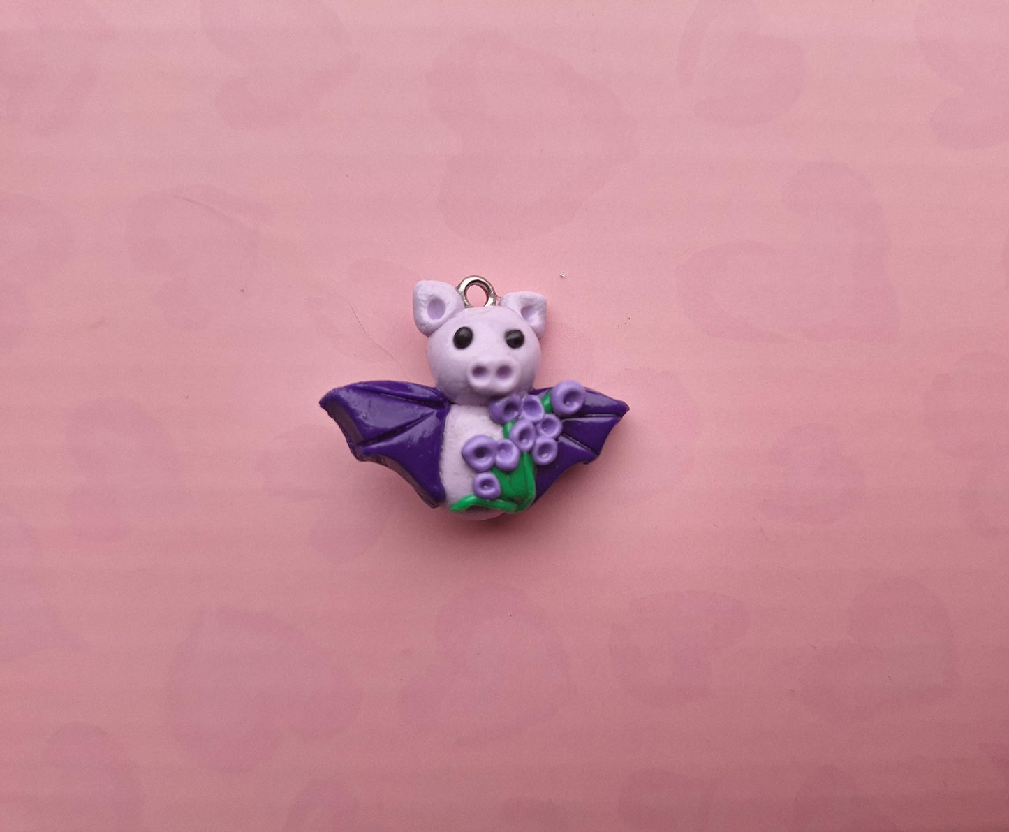 Kawaii floral lavender bat charm / polymer clay holiday charms / clay charm jewelry / bat charm stitch marker progress keeper