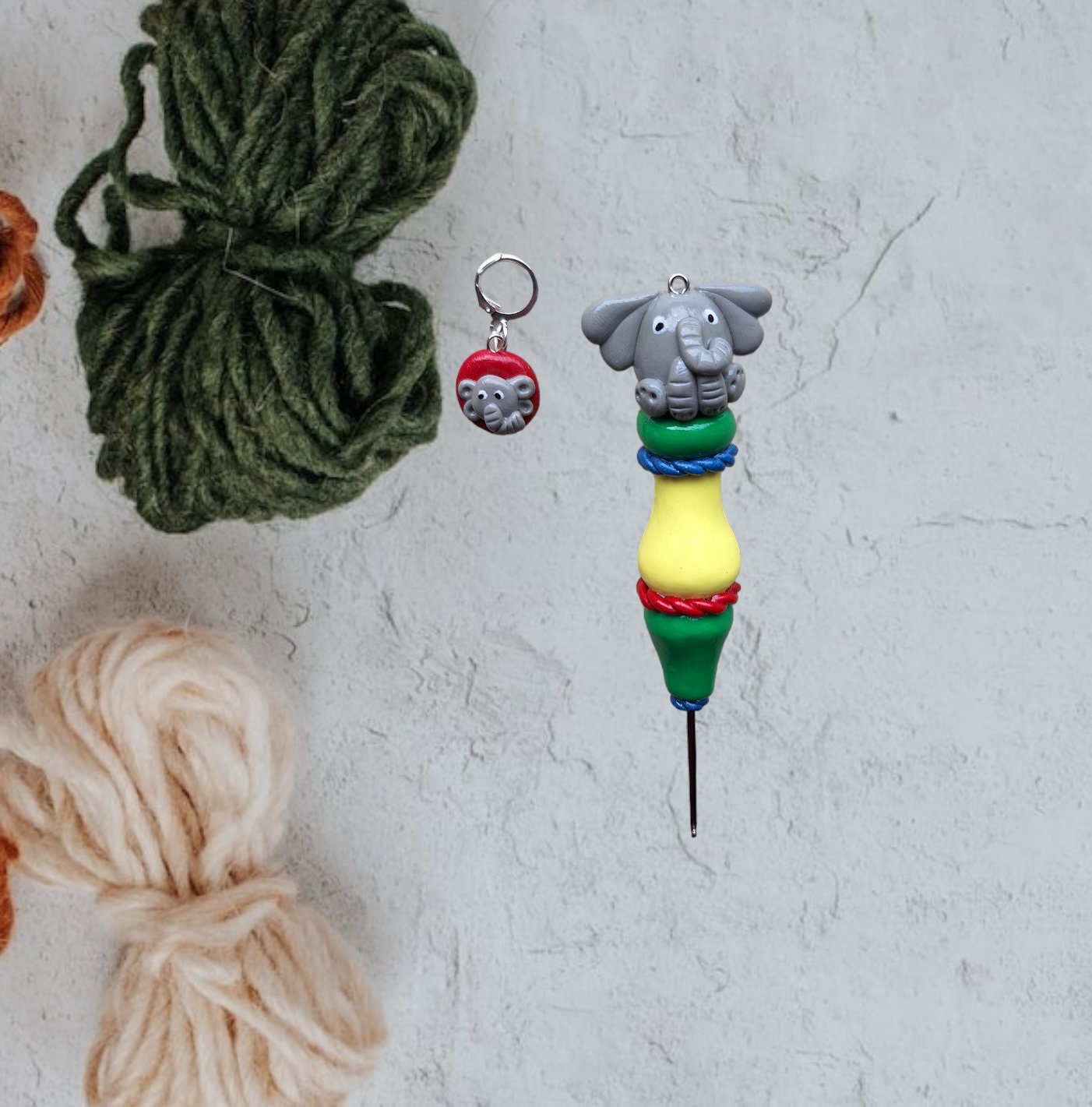 Polymer clay cute circus elephant color block crochet hook with stitch marker
