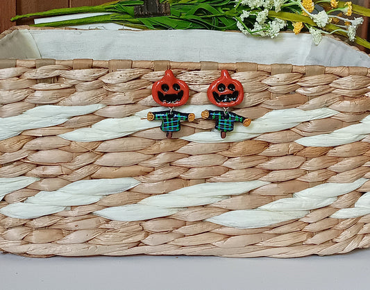 Kawaii halloween pumpkin scarecrow earrings / polymer clay holiday earrings / scare crow jewelry / fall clay scarecrow earrings