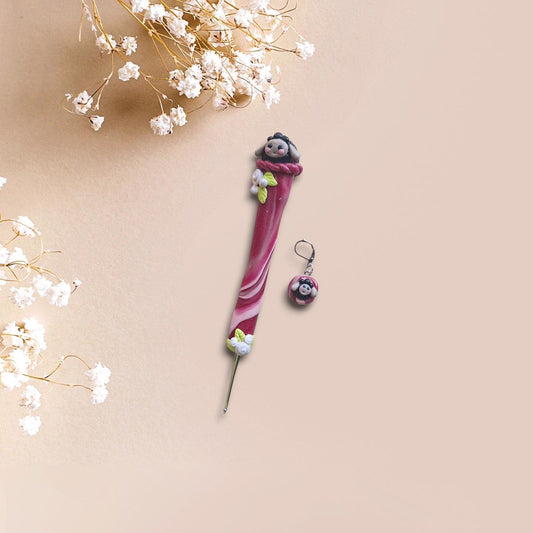 Polymer clay cute black sheep crochet hook with stitch marker
