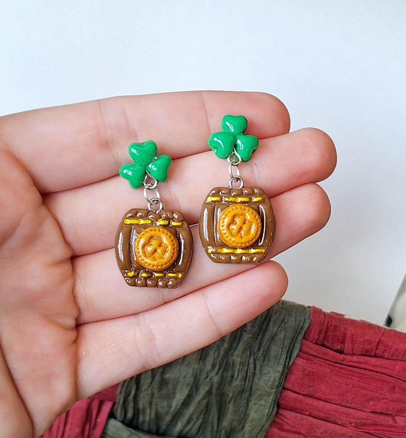 Saint patrick's day clover barrel earrings / polymer clay st patricks day dangle earrings / clover whiskey barrel stud clay earrings