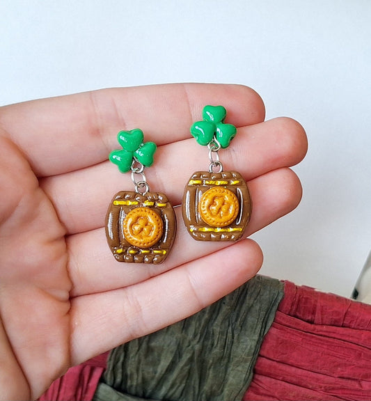 Saint patrick's day clover barrel earrings / polymer clay st patricks day dangle earrings / clover whiskey barrel stud clay earrings