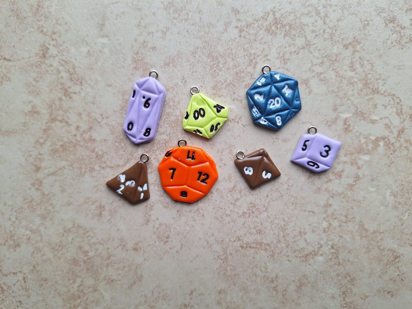 Polymer clay d2o dice set charms jewelry stitch markers progress keeper