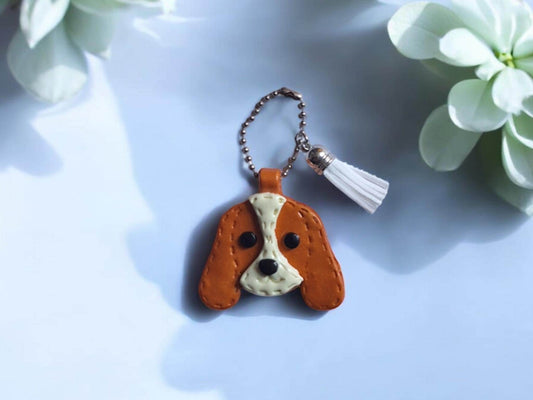 Polymer clay puppy dog faux leather look stitch style keychain / cute clay dog bag accessories key chain