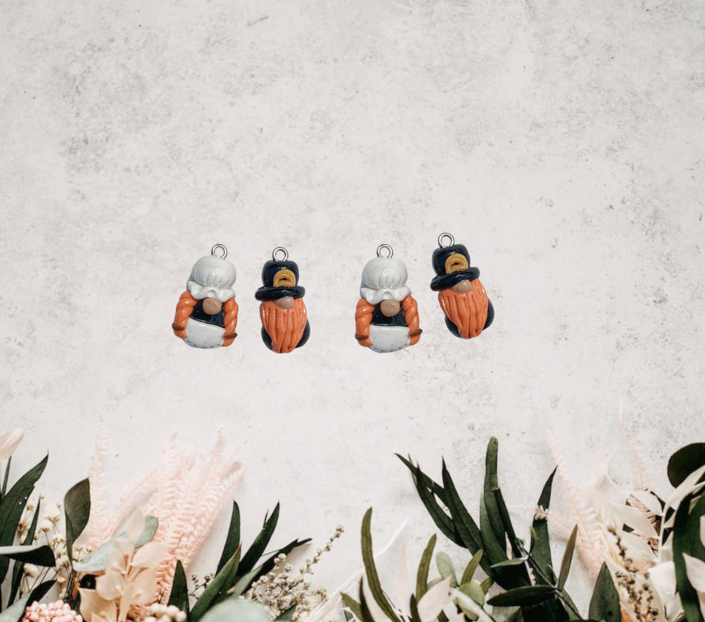 Kawaii holiday thanksgiving gnome charms / polymer clay gnome charms / kawaii toadstool charms / pilgrim amish gnome charms stitch marker