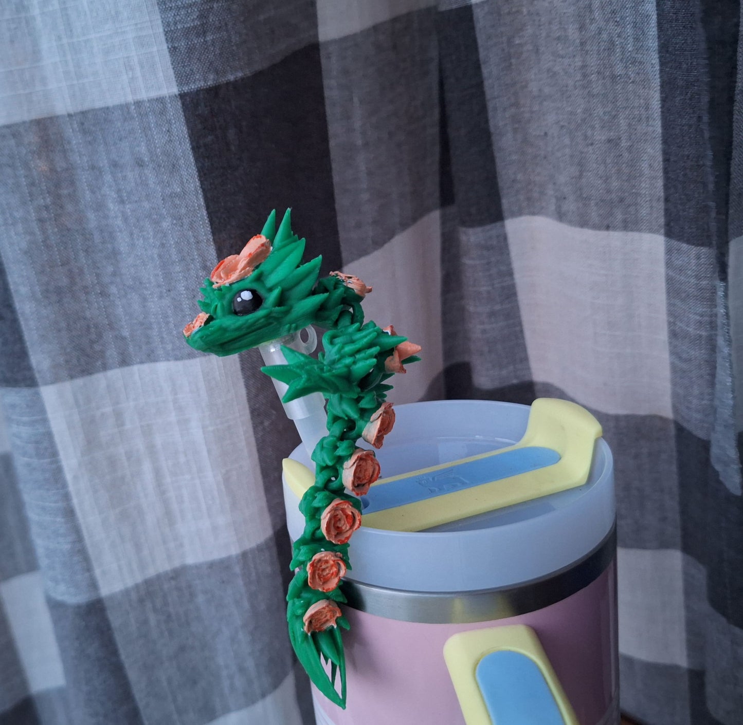 3D articulated rose flower dragon straw cap / 3d printed dragon animals / floral dragon tadling straw topper cover Fidget figurines