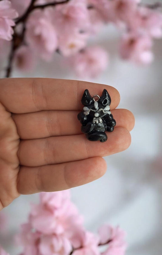 Polymer clay black silver kitsune fox charms / polymer clay fox charms / kawaii fox animal charms stitchmarker progress keeper notions