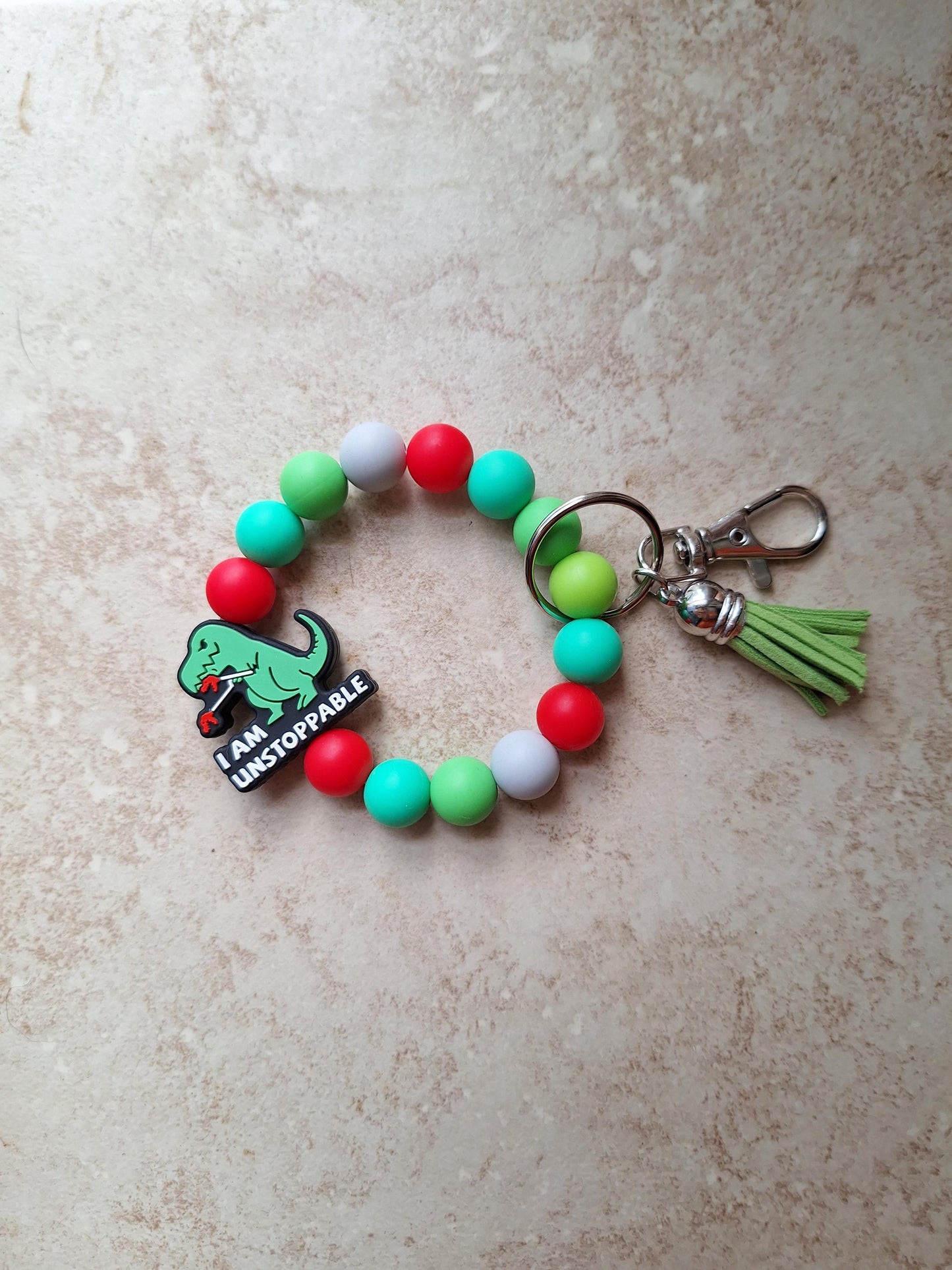Silicone beaded wristlet keychain I'm unstoppable t-rex  / dino dinosaur silicone beaded wristlet keychain / bag accessories key chain gift
