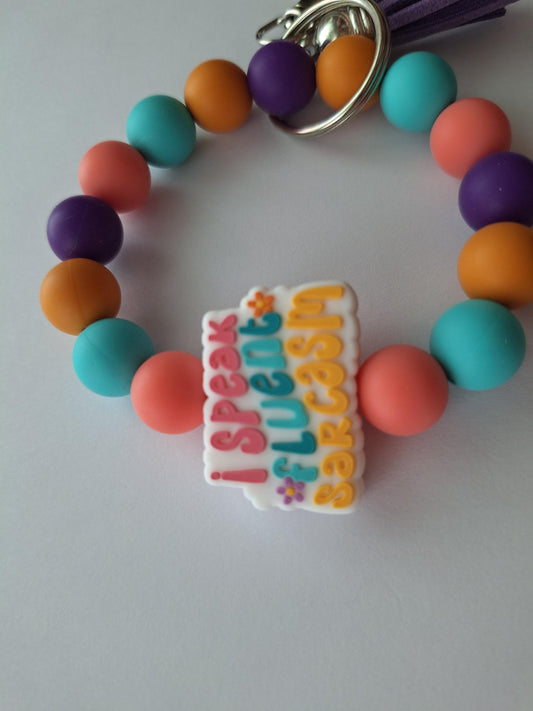Silicone beaded wristlet keychain speak fluent sarcasm  / sarcastic silicone beaded wristlet keychain / bag accessories key chain gift