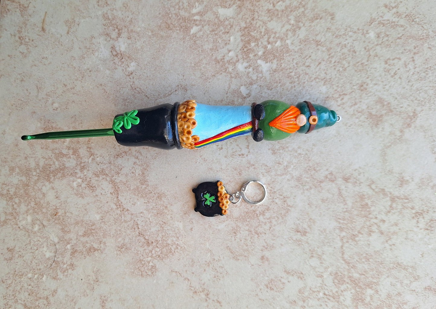 Polymer clay st Patrick's day irish gnome rainbow crochet hook