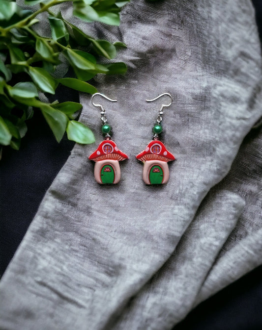 Kawaii spring earrings / polymer clay mushroom house earrings toadstool house jewelry / cottage core earrings