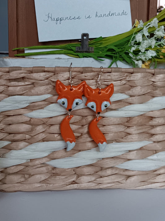 Kawaii fox and tail earrings / polymer red fox dangle earrings / clay fox jewelry / clay red orange fox earrings