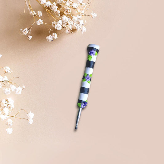 Polymer clay black white stripe purple daisy crochet hook