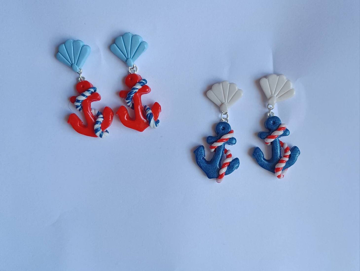 Kawaii nautical earrings / polymer clay anchor earrings / kawaii anchor nautical jewelry / clay shell anchor rope beach earrings