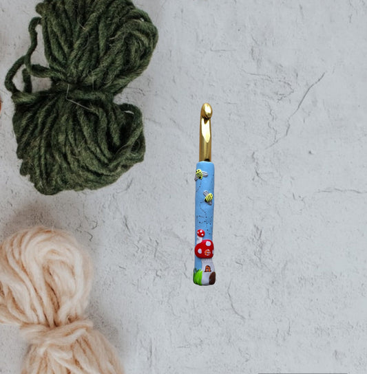 Polymer clay buzzing bee fairy toadstool house crochet hook