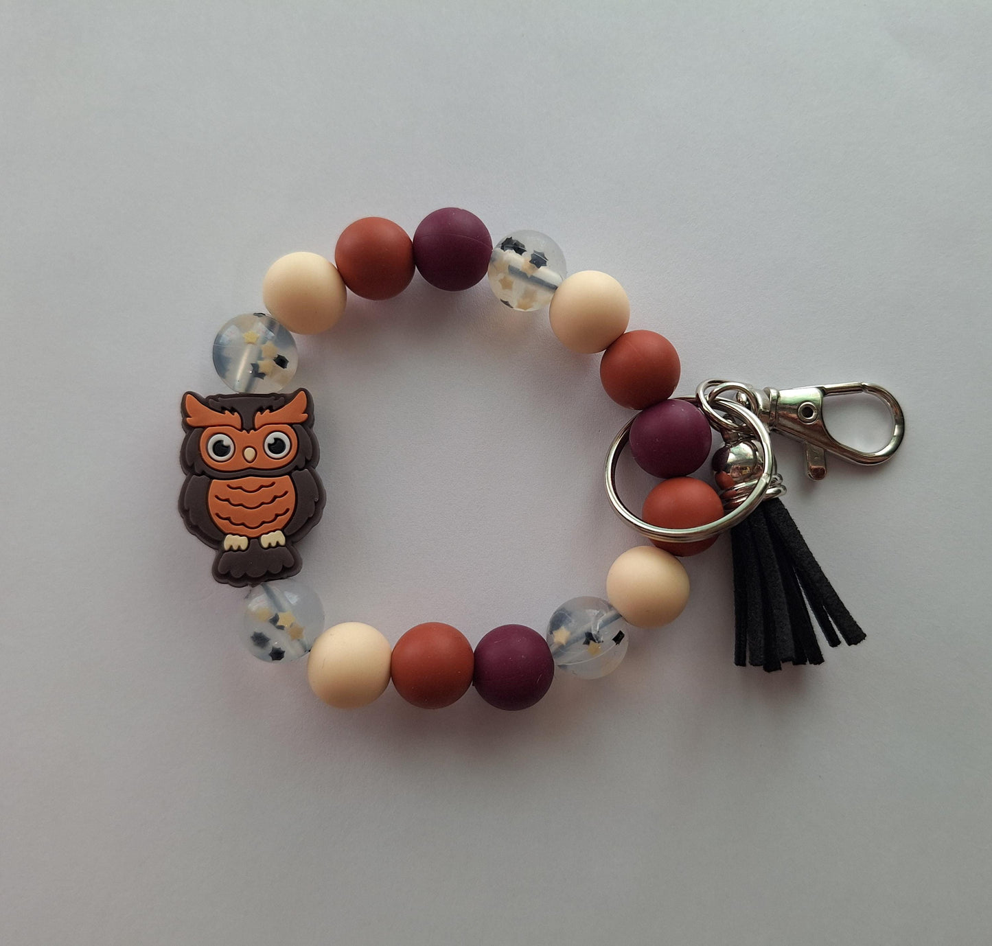 Silicone beaded wristlet keychain / fall black gold star glitter cute owl silicone beaded wristlet keychain / owl bag accessories key chain