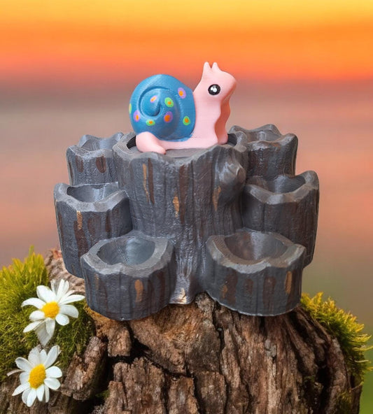 3D printed and painted snail on tree stump dice holder trinket organization storage box / snail dice buddy display / 3d print d20 dice tower